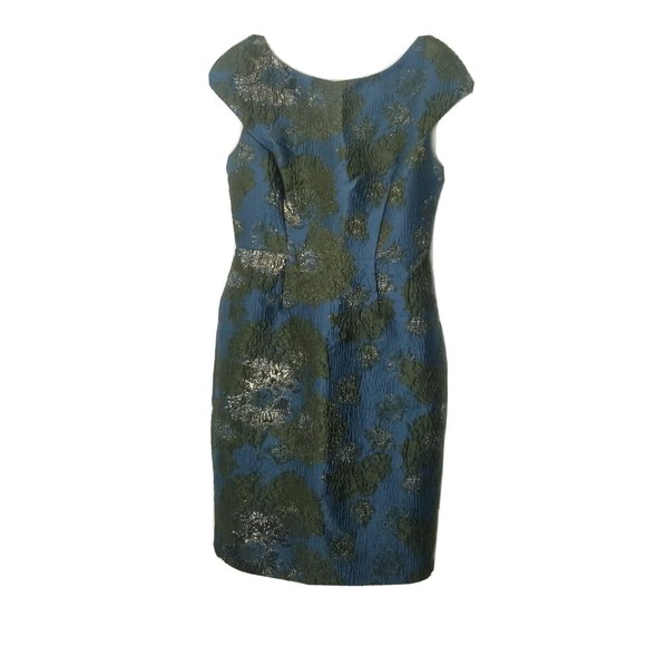 Vera Wang Brocade Dress Women Size 6 Dark Teal Green Metallic V-cut Back Lined - Picture 2 of 16